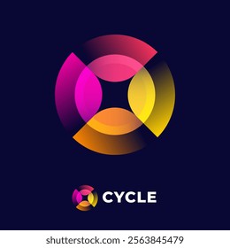 Cycle logo. Cycle symbol consists of yellow, pink, red and orange rounded elements. Brand identity, use of colors and app icon.