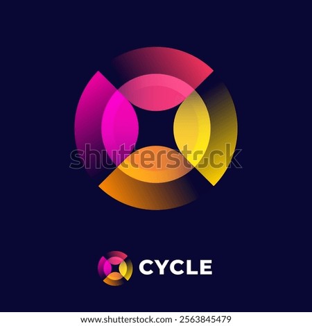 Cycle logo. Cycle symbol consists of yellow, pink, red and orange rounded elements. Brand identity, use of colors and app icon.