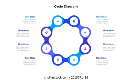 Cycle metaball diagram with eight options or steps. Slide for business presentation. Circle abstract element divided into 8 parts.