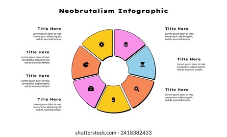 Cycle neobrutalism diagram divided into 7 sectors. Circle infographic design template