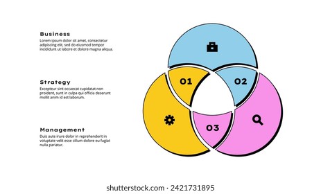 Cycle neobrutalism diagram divided into 3 steps, options or processes. Circle infographic design template