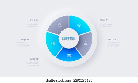 Cycle neumorphic diagram divided into 5 sectors. Infographic design template