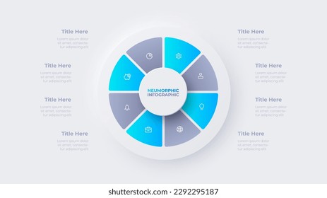 Cycle neumorphic diagram divided into 8 sectors. Infographic design template