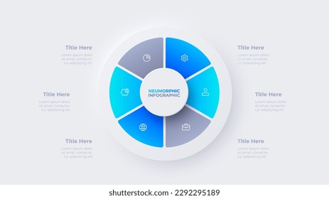 Diagrama de ciclo neumórfico dividido en 6 sectores. Plantilla de diseño de infografía
