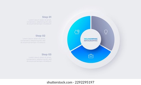 Cycle neumorphic diagram divided into 3 sectors. Infographic design template