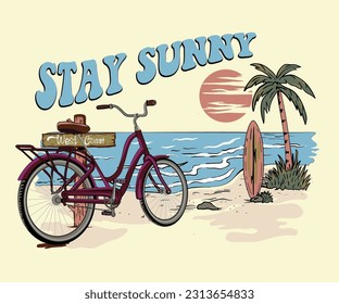 cycle on surfing beach vector illustration, summer surfing beach graphic print design, palm beach retro vintage design for t shirt, sticker, poster, print