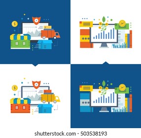 Cycle of the order in the online store, off payment, protection up to delivery to the consumer. Investment fund market, investment growth. Vector illustrations on a light and dark background.