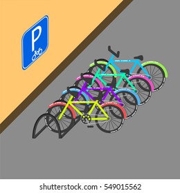 Cycle parking with sign on the wall vector illustration.