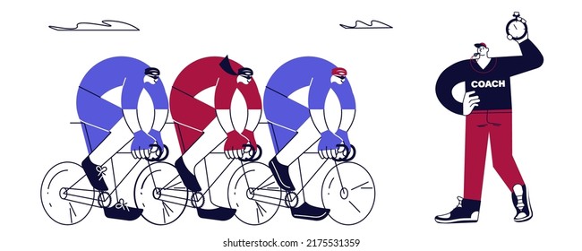 Cycle racing banner with male and female cyclists and coach in minimal style isolated on white background. Flat Art Vector Illustration