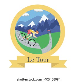 Cycle racing flat badge with beautiful landscape. Le Tour de France. 