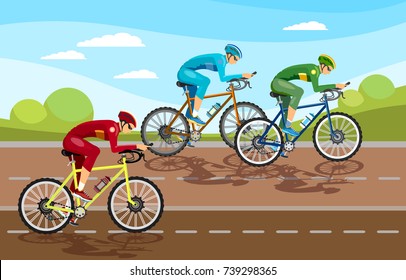 Cycle racing people on bicycles group of cyclists man in road sport background. Group of cyclist at professional race vector 