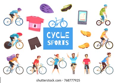 Cycle racing sports participants and apparel isolated on white background cartoon vector illustration