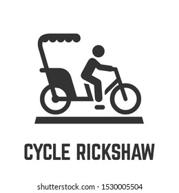 Cycle Rickshaw Or Bike Taxi Icon With Velotaxi And Driver, Human Powered Pedicab Or Carry Bikecab For Hire Symbol.