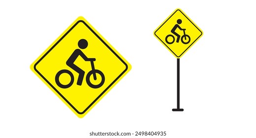 Cycle route ahead traffic sign. Vector illustration of red triangular warning traffic sign with black bike icon inside. Warning about possibility
