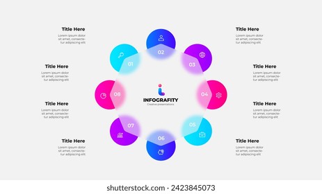 Cycle scheme with eight circles and glassmorphism octagon. Concept of business process with 8 steps. Infographic design template