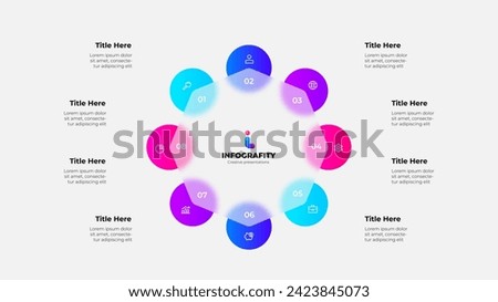 Cycle scheme with eight circles and glassmorphism octagon. Concept of business process with 8 steps. Infographic design template