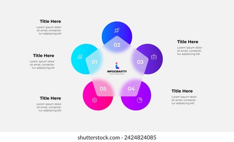 Cycle scheme with five circles and glassmorphism pentagon. Concept of business process with 5 steps. Infographic design template