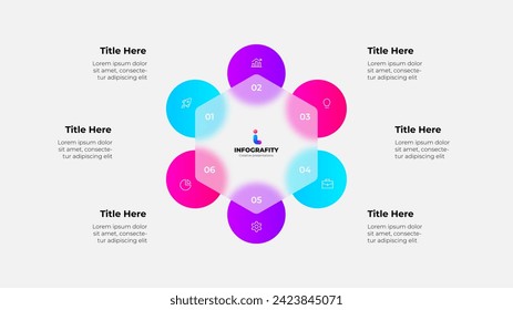 Esquema de ciclo con seis círculos y hexágono de glasmorfismo. Concepto de proceso de negocio con 6 pasos. Plantilla de diseño de infografía