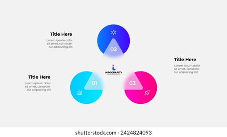 Cycle scheme with three circles and glassmorphism triangle. Concept of business process with 3 steps. Infographic design template