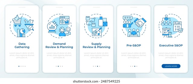 Cycle of SOP process blue onboarding mobile app screen. Walkthrough 5 steps editable graphic instructions with linear concepts. UI, UX, GUI template
