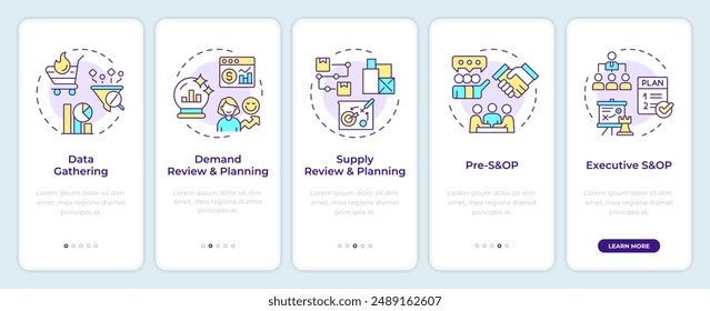 Ciclo del proceso SOP de la pantalla del App móvil de la incorporación. Tutorial 5 pasos: instrucciones gráficas editables con conceptos lineales. UI, UX, Plantilla GUI