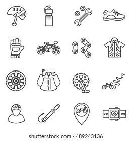 Cycle sport icons set. cycling collection Illustrations. thin line design. illustrations bike parts and paraphernalia for cycling.