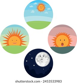 Cycle of sun. Morning, noon, evening and night sky, vector set of cartoon colorful educational illustrations for kids.