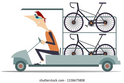 Cycle technical help car transports bikes isolated. Smiling cycle technical help worker transports bikes isolated on white illustration vector
