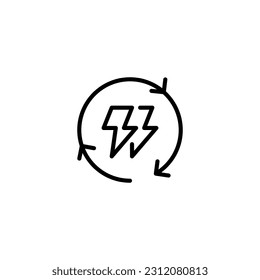 Cycle three arrow with thunder electric. Vector line icon black and white with green eco energy theme