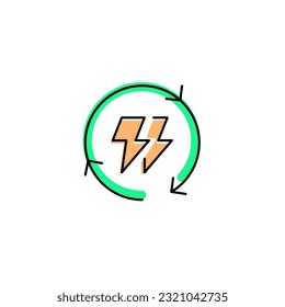 Cycle three arrow with thunder electric. Vector line color icon green and orange with green eco energy theme