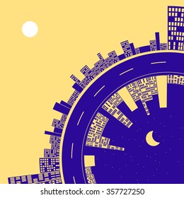 the cycle of time on a stylized downtown curve, with a road separating the day from the night city skylines, in blue and yellow shades