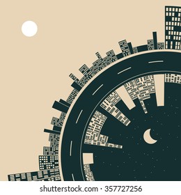 the cycle of time on a stylized downtown curve, with a road separating the day from the night city skylines, in a dark green and cream atmosphere