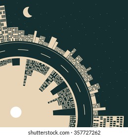 the cycle of time on a stylized downtown curve, with a road separating the day from the night city skylines, in a dark green and cream atmosphere