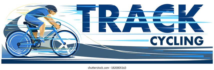 Cycle track. Lettering with illustration. Sports bike for racing. Isolated vector on white background. Driving on the road. Flat style.