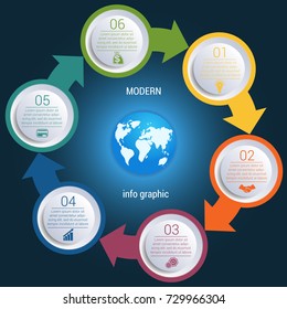 Cycles arrows Infographic 6 positions round silhouette of map of the earth on dark blue background