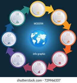 Cycles arrows Infographic 8 positions round silhouette of map of the earth on dark blue background