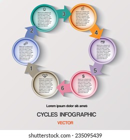 Cycles Infographic, Diagram cyclic business process or workflow for success project and other Your variant. Vector illustration template with text areas on six positions
