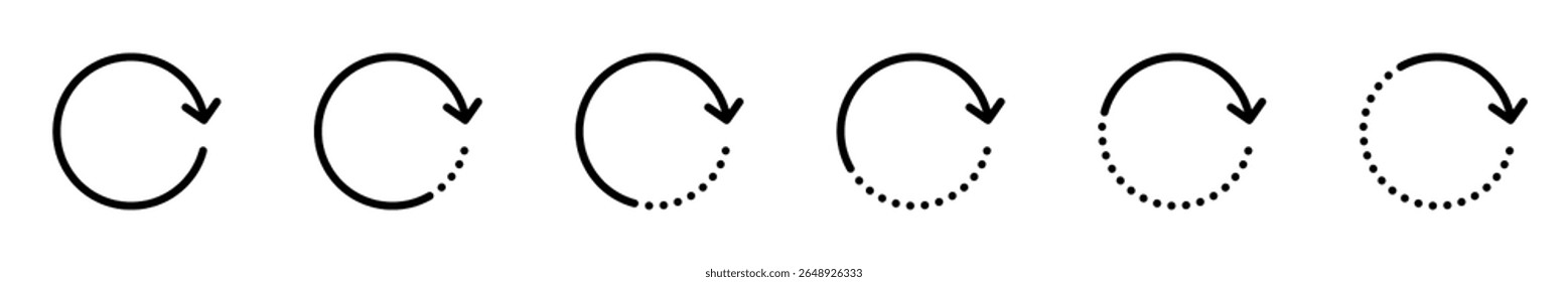 Ícone de rotação de seta cíclica definido. Símbolo de repetição ou renovação. Sinal de reciclagem. Seta invertida. Um conjunto linear mínimo de setas circulares de carga. Ilustração vetorial