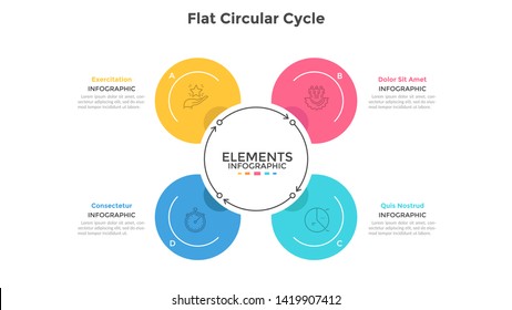 Cyclic Chart With 4 Round Elements Connected By Arrows. Concept Of Four Steps Of Production Cycle. Modern Infographic Design Template. Flat Vector Illustration For Business Presentation, Brochure.