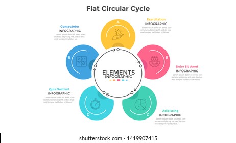 Cyclic chart with 5 round elements connected by arrows. Concept of five steps of production cycle. Modern infographic design template. Flat vector illustration for business presentation, brochure.