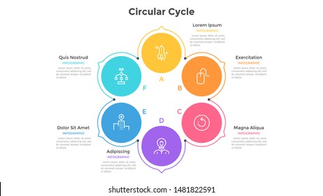 Cyclic chart with 6 colorful circular elements and arrows or pointers. Concept of six steps of production cycle. Flat infographic design template. Modern vector illustration for presentation.