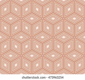 Cyclic cubes. Abstract vector illustration depicting three-dimensional model of a cube. Seamless texture. Beige, pastel color. For the interior design, wallpaper, printing, textile industry.