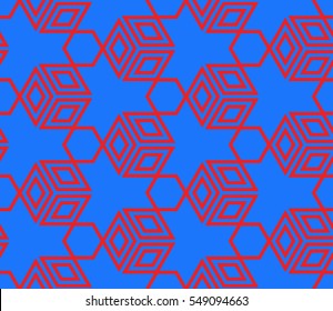 Cyclic cubes. vector illustration depicting three-dimensional model of a cube. Seamless texture. blue, red color. For the interior design, wallpaper, printing, textile industry.
