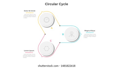 Cyclic diagram with 3 paper white round elements and arrows or pointers. Concept of three stages of business cycle. Infographic design template. Modern vector illustration for data visualization.