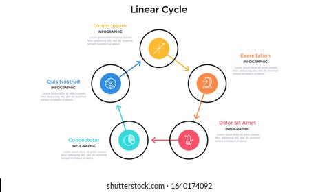 Cyclic diagram with 5 circular elements connected by arrows. Concept of five steps or stages of business cycle. Flat infographic design template. Simple vector illustration for presentation, report.