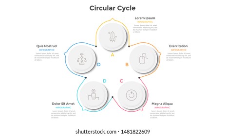 Cyclic diagram with 5 paper white round elements and arrows or pointers. Concept of five stages of business cycle. Infographic design template. Modern vector illustration for data visualization.