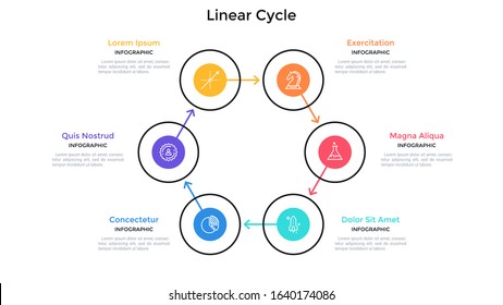 Cyclic diagram with 6 circular elements connected by arrows. Concept of six steps or stages of business cycle. Flat infographic design template. Simple vector illustration for presentation, report.