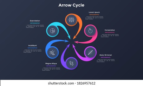 Cyclic diagram with 6 colorful spiral arrow-like elements. Concept of six steps of business cycle. Modern infographic design template. Simple vector illustration for business information analysis.