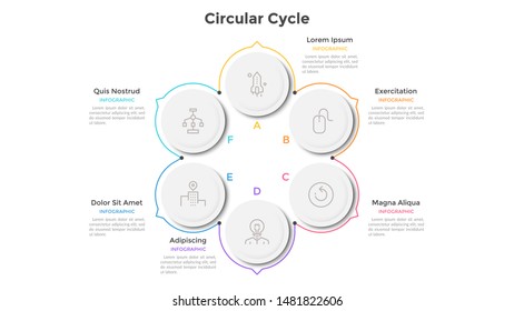 Cyclic diagram with 6 paper white round elements and arrows or pointers. Concept of six stages of business cycle. Infographic design template. Modern vector illustration for data visualization.