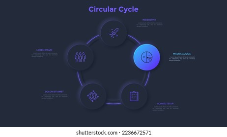 Diagrama cíclico con cinco elementos redondos que brillan en la oscuridad. Concepto de 5 etapas de estrategia de marketing. Plantilla de diseño de infografía oscura realista. Ilustración vectorial moderna para la visualización de datos.